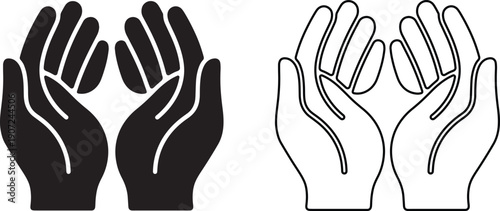 Two open hands palm up vector illustration set. Prayer and charity symbol. Black silhouette and outline design isolated for begging, giving help or religious support logo.