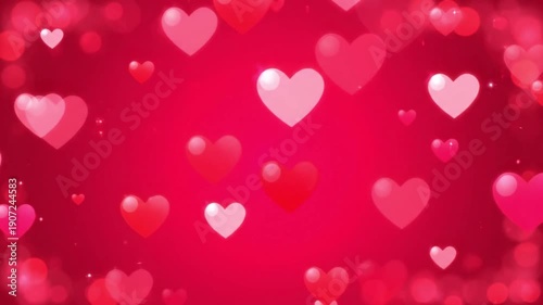 Pink Hearts Floating on Red Background.