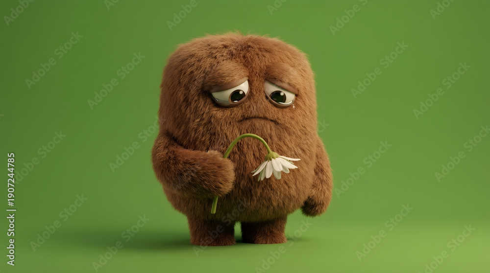 Fototapeta premium Sad furry cartoon creature holding a wilting flower on a green background. Banner template of heartbreak concept, loss, apology, or sadness with copy space.