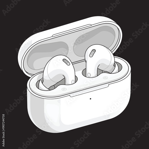 Wireless Earbuds with Charging Case Vector Illustration - Modern White In-Ear Headphones Icon