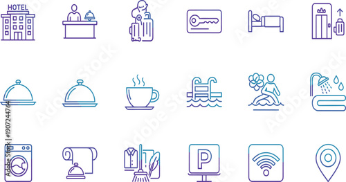 Hotel and Hospitality Icon Set with Reception, Room Service, Amenities, Laundry, Swimming Pool, Parking, and Travel Accommodation Symbols in Line Vector Style