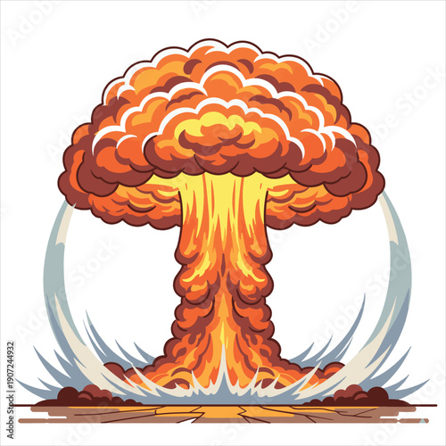 Cartoon Style Nuclear Explosion Mushroom Cloud Vector Illustration on White Background