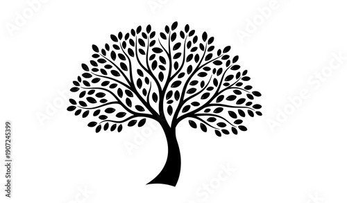 Elegant black silhouette tree vector with dense leaf canopy isolated on white background