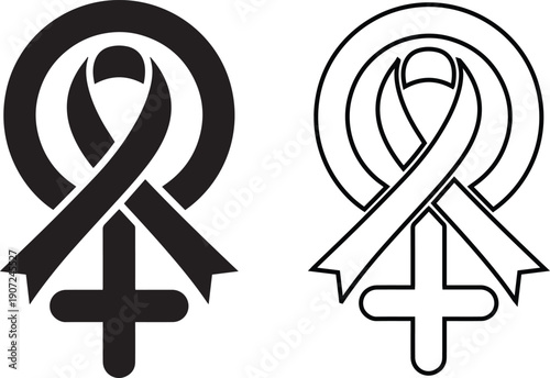 Breast cancer awareness ribbon and female gender symbol vector set. Women health support sign. Black silhouette and outline design isolated for charity logo or medical campaign.