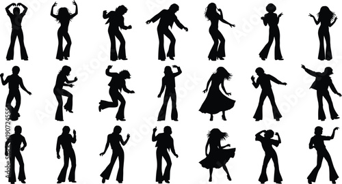 Dancing people silhouette set, disco dance moves, party celebration poses, music rhythm motion, nightlife entertainment, black vector illustration