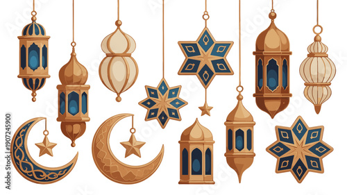 A collection of ornately designed lanterns and crescent moons, representing cultural celebration and decoration.