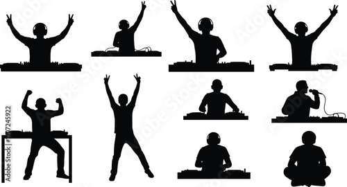 DJ performing silhouette set, nightclub music party poses, headphones mixer equipment, festival concert energy, entertainment lifestyle, black vector illustration