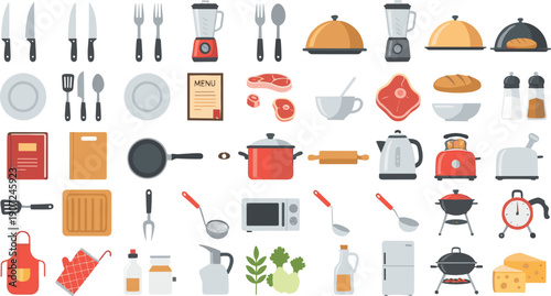 Kitchen Cooking Icon Set with Utensils Appliances Cookware Food Ingredients and Tableware for Restaurant Apps Menus and Flat Vector Designs