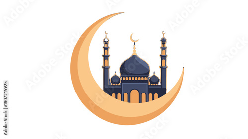 An illustration of a mosque set against a crescent moon, representing the essence of Islamic faith.