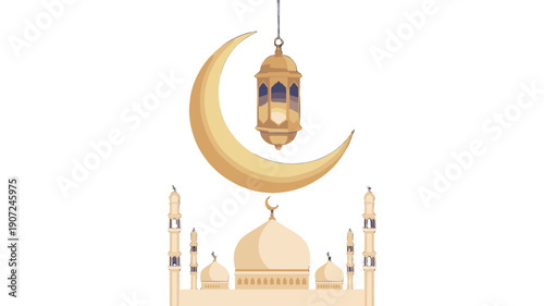 An artistic image of a crescent moon, mosque and a lantern.