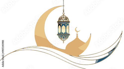 Elegant illustration of a mosque and crescent moon, symbol of culture and religion.