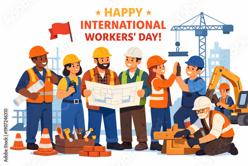 Flat Vector Illustration of Construction Workers Teaming Up for International Workers' Day