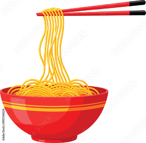 Red bowl of delicious yellow noodles with chopsticks lifting pasta isolated on white background for Asian food design