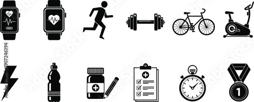 Minimal fitness and health icons set featuring smartwatch, running, strength training, cycling, hydration, supplements, checklist, stopwatch, energy, 