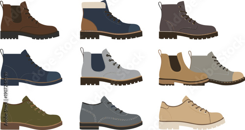 Men Footwear Illustration Set with Leather Boots Casual Shoes and Lace Up Styles for Fashion Ecommerce Product Icons and Vector Designs