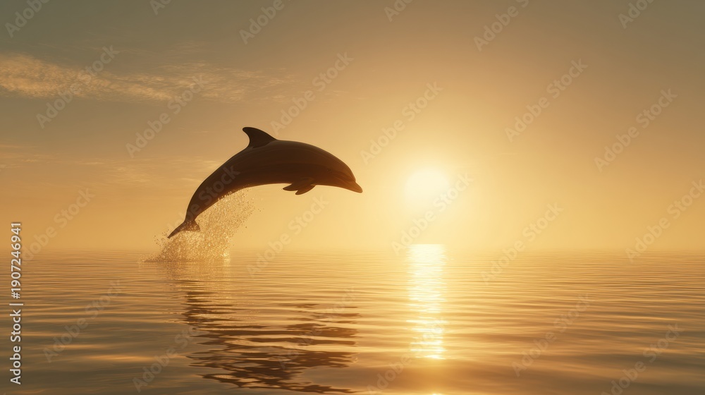 Naklejka premium Dolphin Jumps Over Ocean Water at Sunrise Bringing Joy and a Sense of Freedom During the Early Hours of a New Day