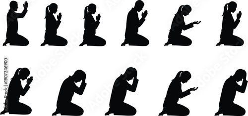 People praying silhouette collection, kneeling worship poses, spiritual prayer concept, faith devotion, religious meditation, black vector illustration