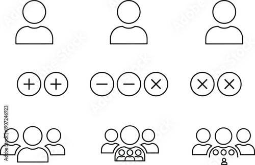 Minimal user interface icon set illustrating user profiles, team management, positive negative actions, approval rejection symbols, and group hierarchy for modern apps and dashboards