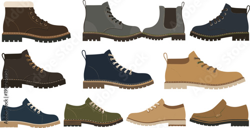 Men Footwear Illustration Set with Leather Boots Casual Shoes Sneakers and Ankle Styles for Fashion Ecommerce Product Icons and Vector Designs
