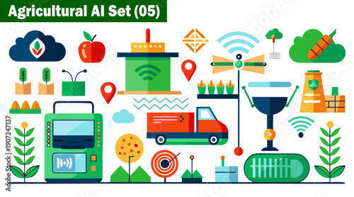 Agricultural artificial intelligence set with colorful flat design icons representing smart logistics drone technology and automated harvesting systems for global food production vector illustration.