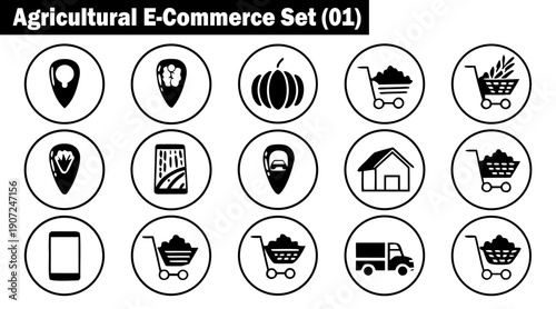 Agricultural E-Commerce set 01 features black and white icons representing online farming marketplaces, farm products, and digital agriculture services vector illustration.