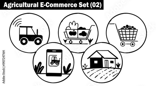 Agricultural E-Commerce set 02 displays various black and white icons related to online farm machinery, produce shopping carts, and rural homes vector illustration.