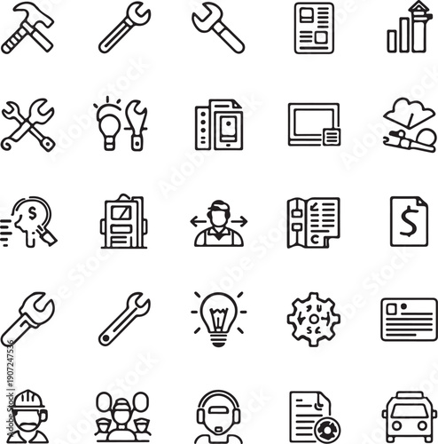 Tool and repair simple minimal thin line icons. Related service, setting, restoration, car service, workshop. Editable stroke. Vector illustration.
