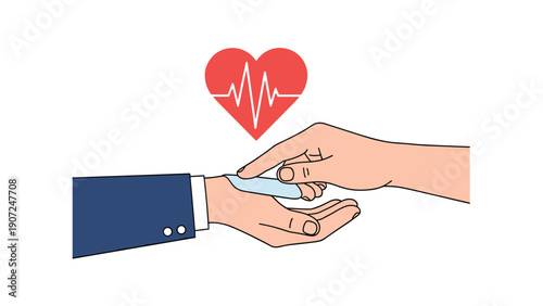 Medical professional checking a patient's pulse at the wrist, accompanied by a red heart icon with an EKG heartbeat line.