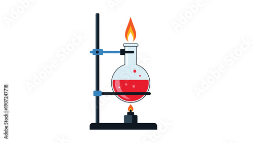 Science lab flask containing red liquid being heated by a burner flame, supported by a stand for chemical experimentation.