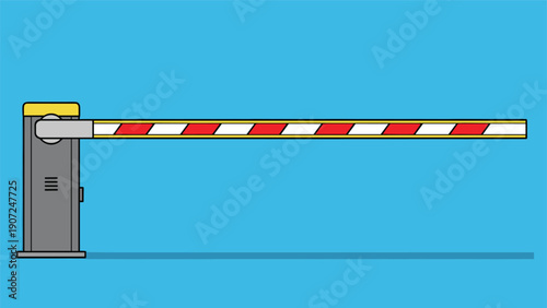 Automated parking barrier arm with red and white stripes in a lowered position against a solid blue background.