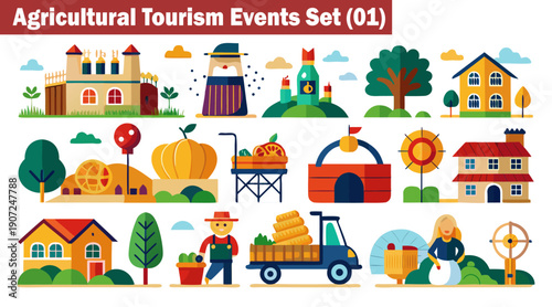 Agricultural tourism events set with farm elements pumpkins tractor houses and seasonal produce for rural travel promotions vector illustration.