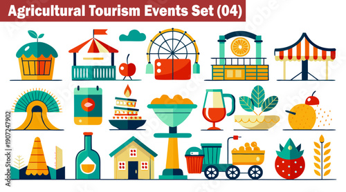Agricultural tourism events set with farm elements cupcake Ferris wheel carnival stalls and seasonal produce for rural travel promotions vector illustration.