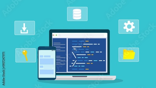 Wallpaper Mural Flat illustration of software development workspace with laptop displaying code editor, mobile interface, and storage upload icons representing data management and digital workflow.
 Torontodigital.ca