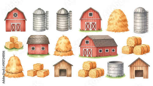 A charming watercolor collection of various farm buildings, including red barns, silos, and haystacks.
