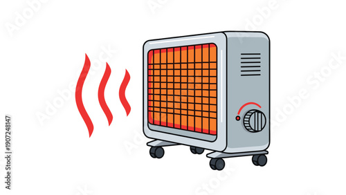 Graphic illustration of a portable electric space heater on wheels emitting warm orange heat waves into a room environment.
