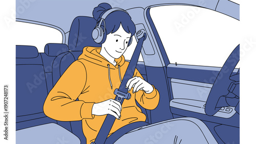 Safety-conscious woman in an orange hoodie sitting in a car and buckling her seatbelt before starting her journey on the road.