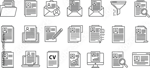 Resume and document icons set featuring CV files, job application papers, envelopes, folders, search, review, and recruitment symbols in clean outline vector style