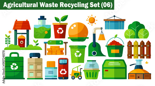 Agricultural waste recycling set six: a diverse collection of colorful flat icons showcasing compost bins, farm tools, plants, and sustainable waste solutions for agriculture vector illustration.