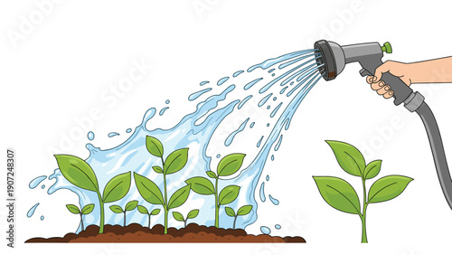 Close-up illustration of a person's hand using a high-pressure spray nozzle to water young green plants in dark garden soil.