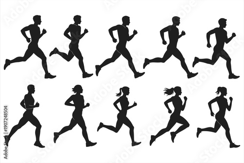 Diverse Runners Silhouettes in Motion, Men and Women Running Together, Stock Graphic
