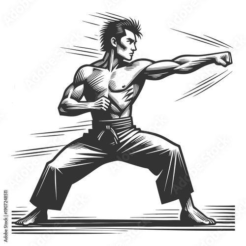 muscular martial artist delivering a fast punch, captured in a strong fighting stance sketch engraving generative ai fictional character vector illustration. Scratch board imitation. Black and white.