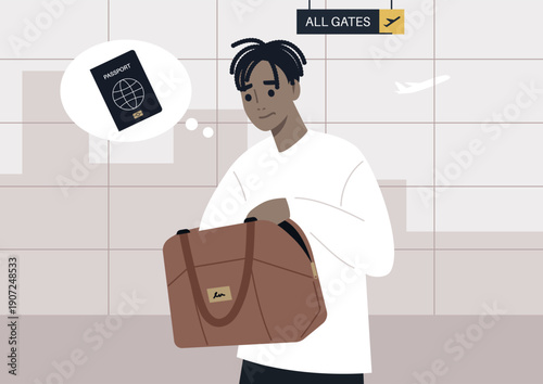 In a lively airport terminal, a traveler stressfully checks their passenger passport hidden in a brown bag, surrounded by the anticipation of upcoming adventure
