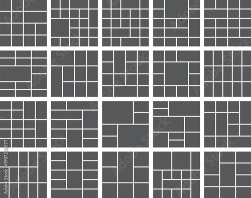 Collage grid templates with modern minimalist style on dark gray background with white lines, geometric vector illustration for photography albums and graphic design projects.