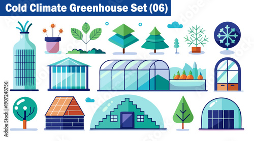cold climate greenhouse set six concept collection of colorful flat design illustrations depicting various greenhouses plants and winter related items vector illustration.
