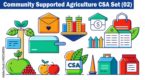 Community supported agriculture csa set 02 featuring colorful flat line icons for local farming fresh produce organic vegetables fruit boxes and sustainable food distribution vector illustration.