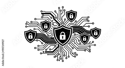 Intricate digital network with interconnected nodes and security icons