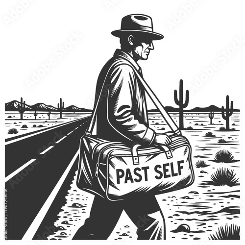 man walking along a desert highway, symbolically carrying a bag labeled Past Self sketch engraving generative ai fictional character vector illustration. Scratch board. Black and white image.