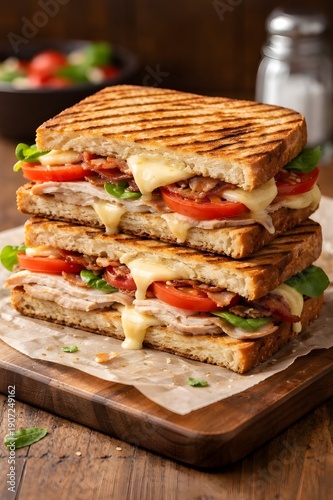 Grilled turkey bacon cheese sandwich with tomatoes on wooden board