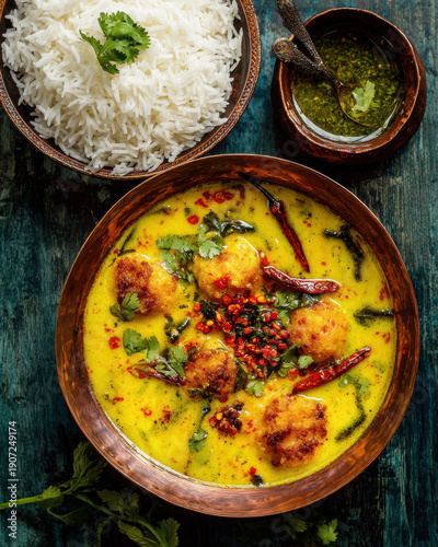 Delicious Kadhi Pakora with Basmati rice traditional Indian meal