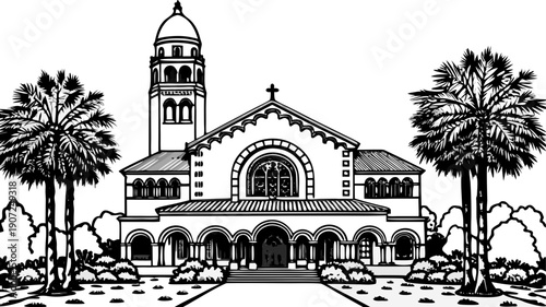 Very beautiful view of Stanford Memorial Church and Main Quad, capturing harmonious architecture, palm-lined courtyards, and timeless academic elegance under soft California light.